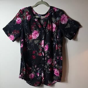 Roaman's Women Floral Blouse SZ 18W Romantic Black Semi Sheer Textured Button Up